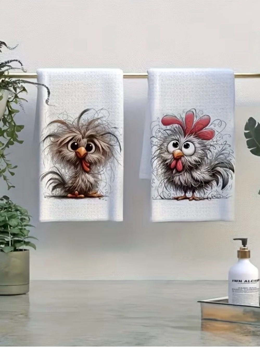 Whimsical Chicken & Rooster Kitchen Towels - Set of Two - Picture 2 of 7